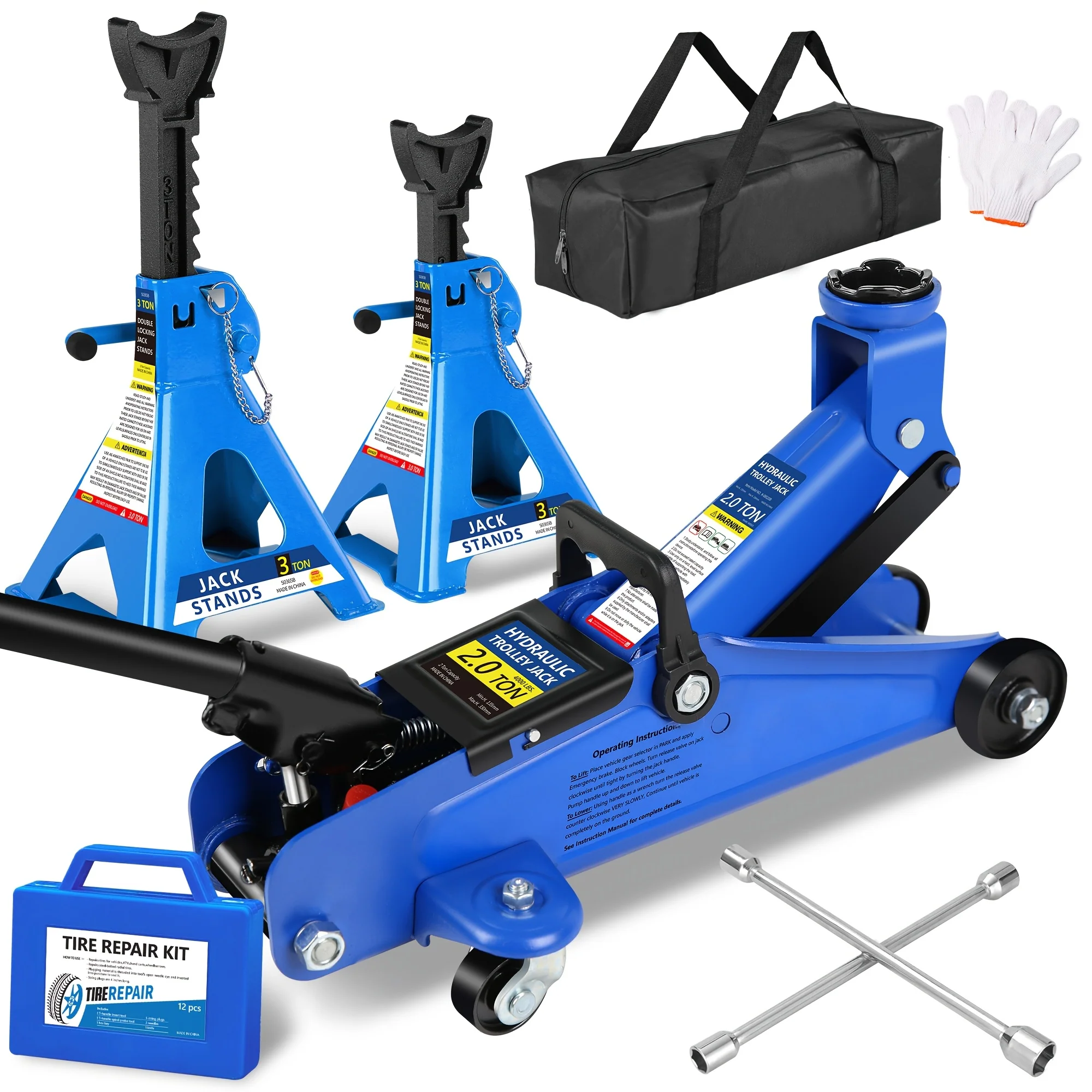 3-ton floor car jack with jack stands and tire repair kit for garage use