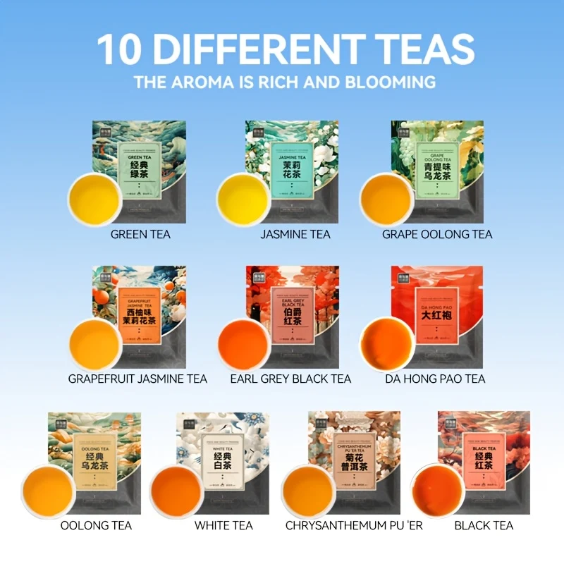 Tea Bag Samples, 50 Bags/100 Bags/200 Bags Individually Wrapped in Pyramids(10 Differentflavors ), Tea Samples Gifts for Tea Lovers, Tea Gift Sets, Holiday Gift, for Office & Party, Independence Day Gifts
