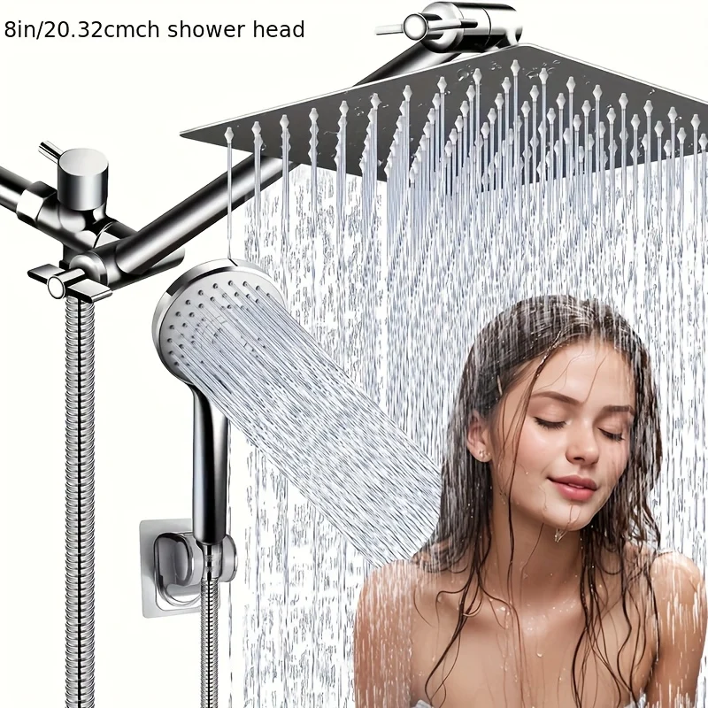 Adjustable rainfall shower head and handheld combo with 5 settings and 11-inch extension arm