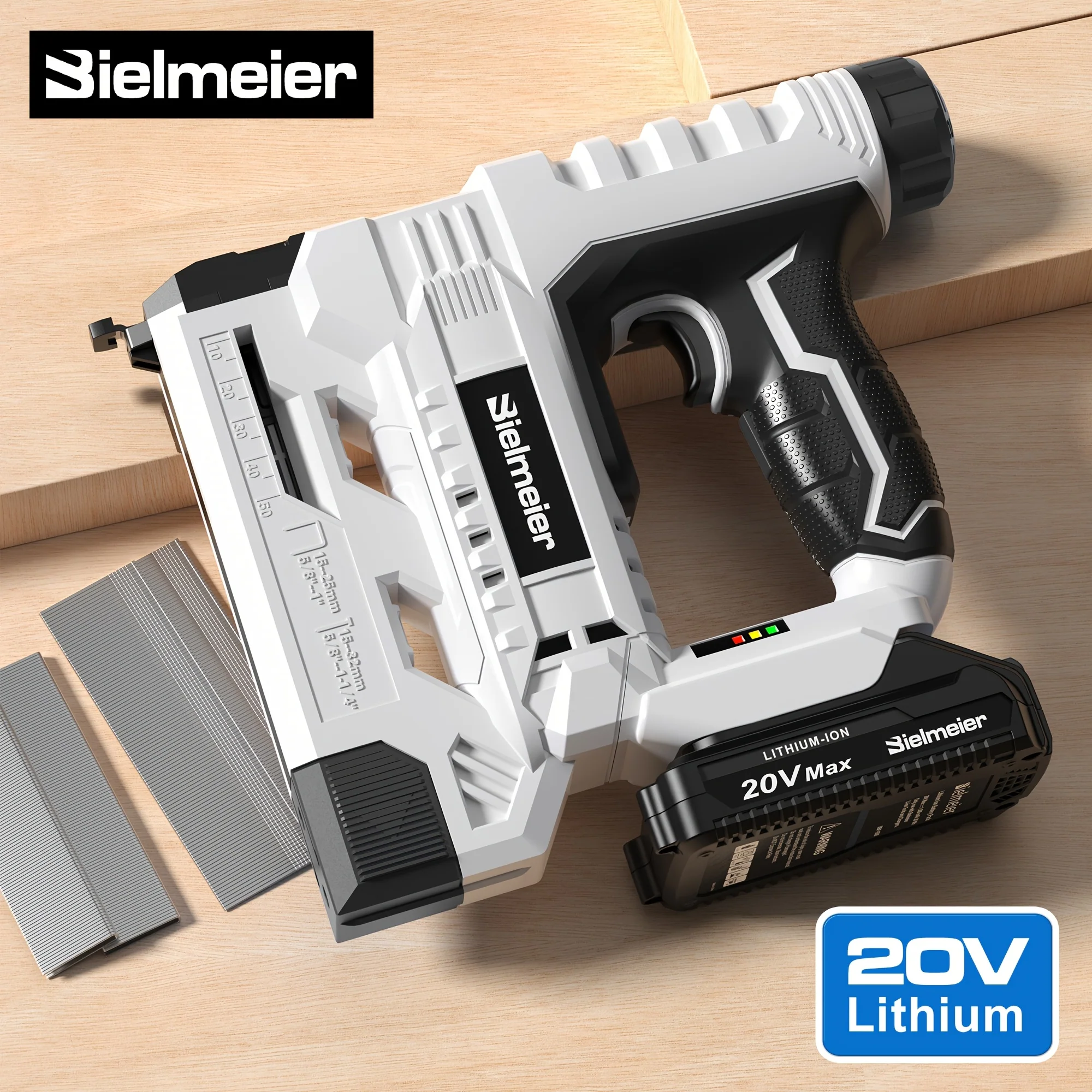2-in-1 cordless nail gun with 20V battery and 4V mode for carpentry and upholstery