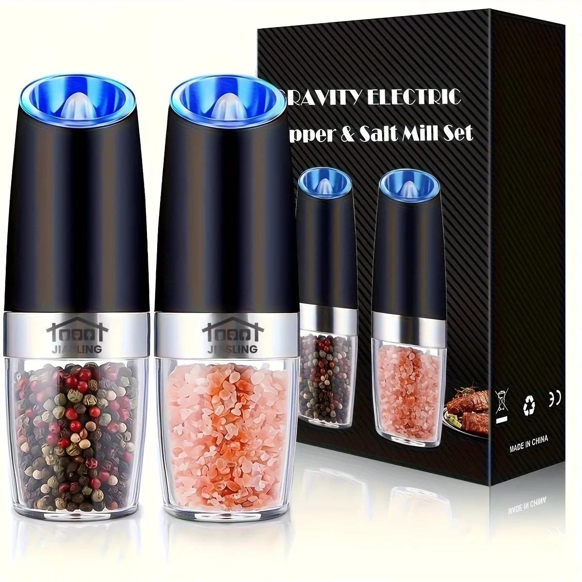 USB Rechargeable Salt and Pepper Grinder Set with LED Light