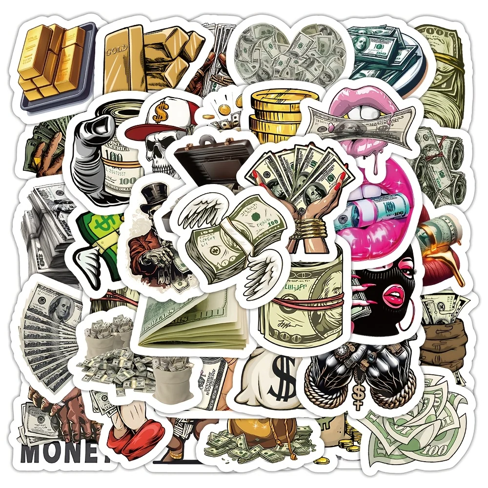 50-Piece Money World Vinyl Sticker Pack – American-Themed Decorative Stickers for Water Bottles, Laptops and Luggage