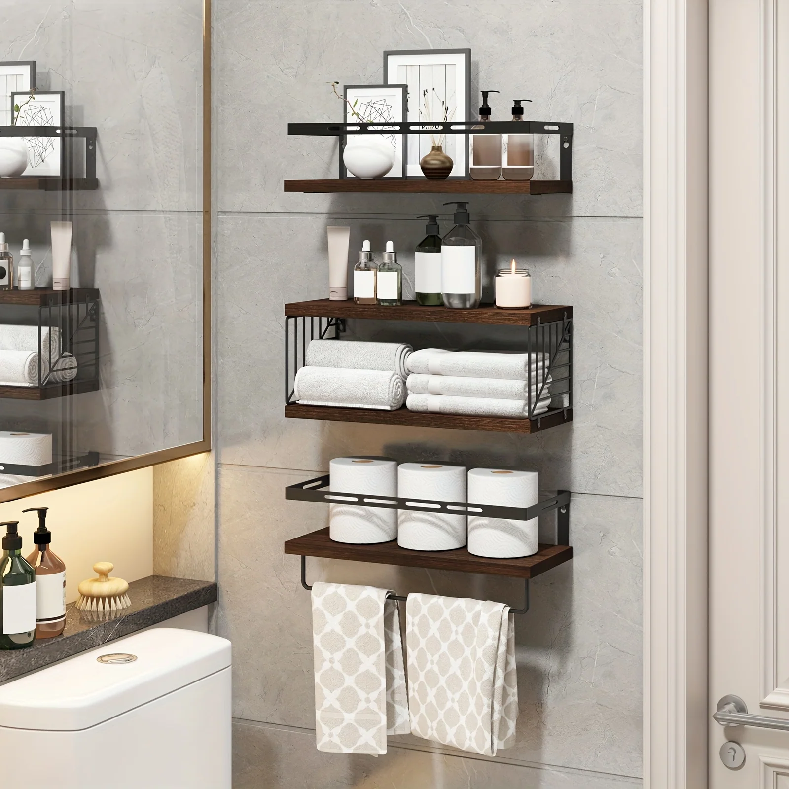 3+1 Tier Wall Mounted Bathroom Shelves Over Toilet Wood Decor