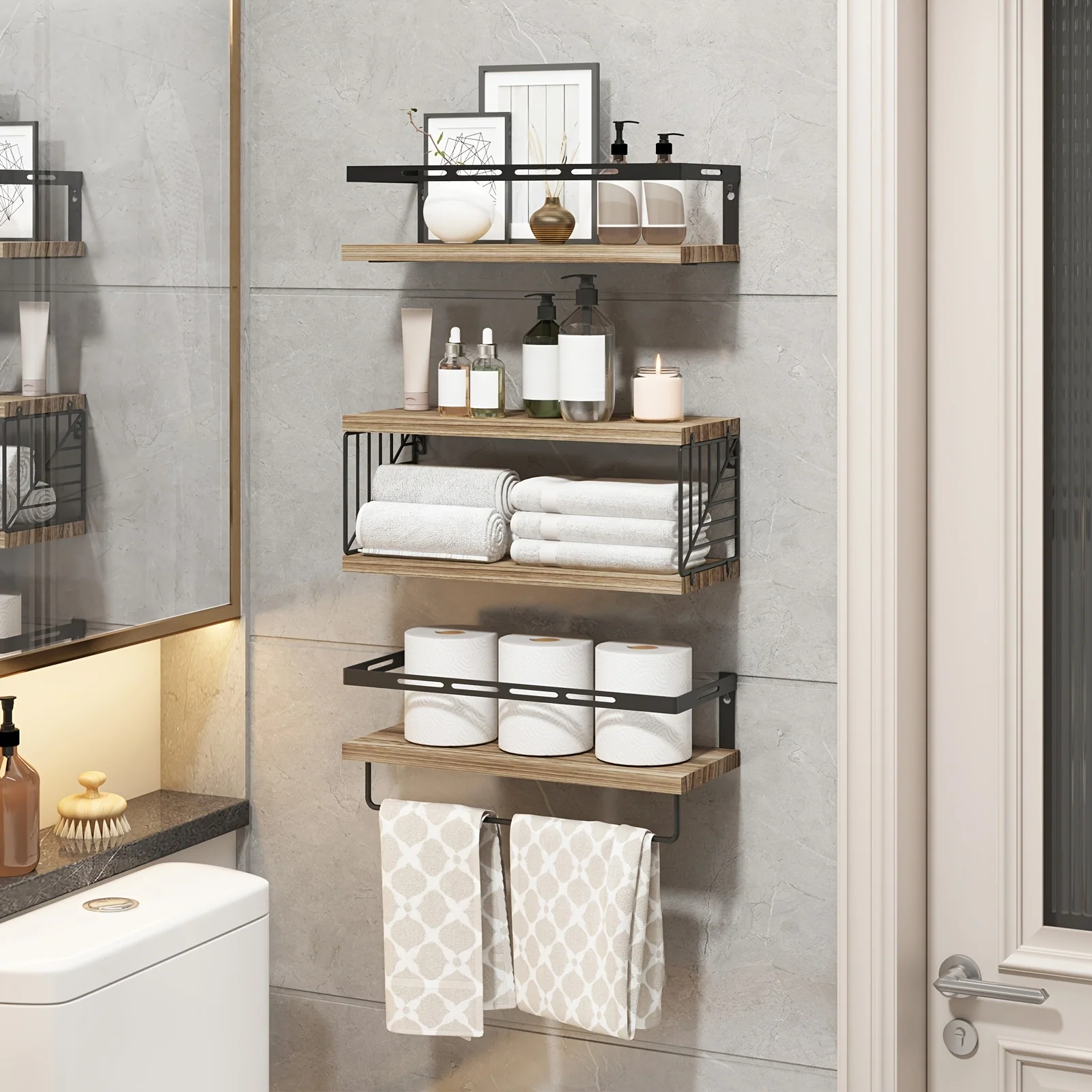3+1 Tier Wall Mounted Bathroom Shelves Over Toilet Wood Decor