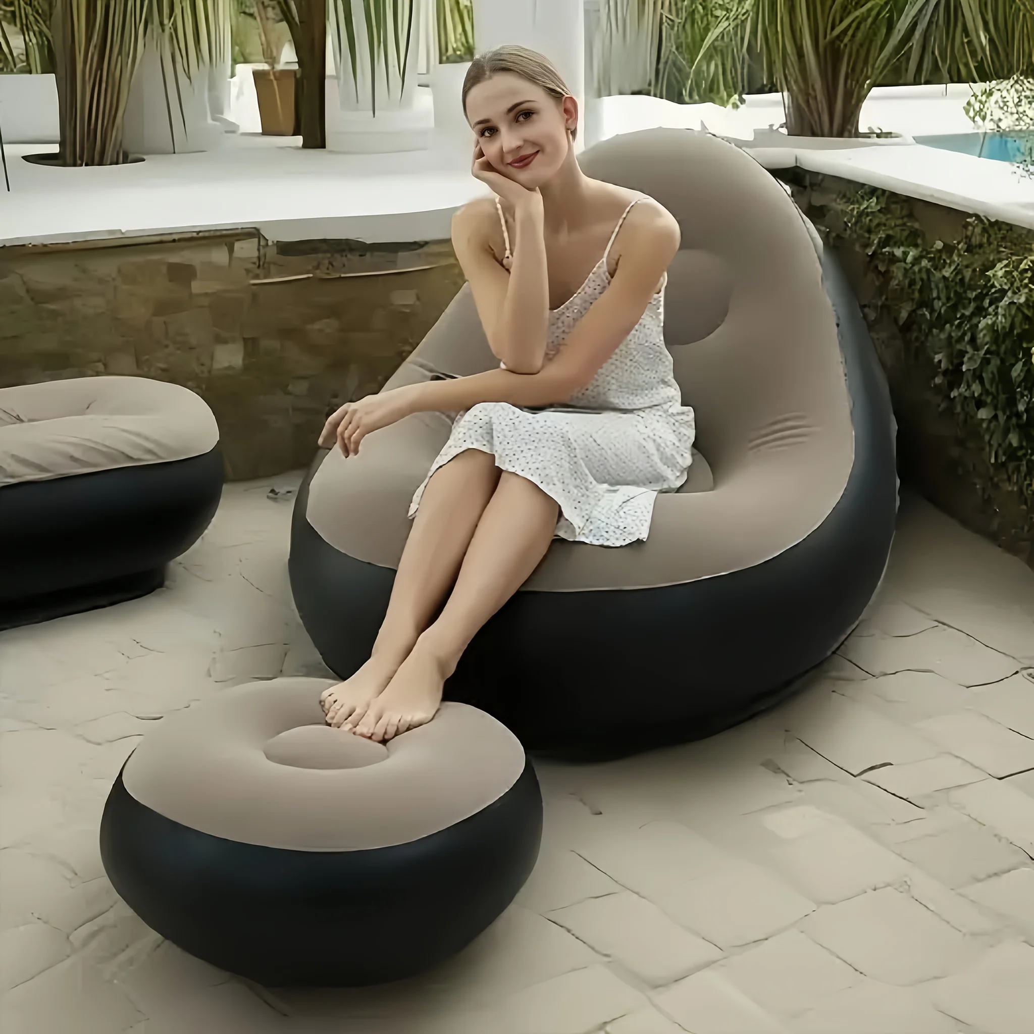 Inflatable sofa with footrest for camping and outdoor relaxation