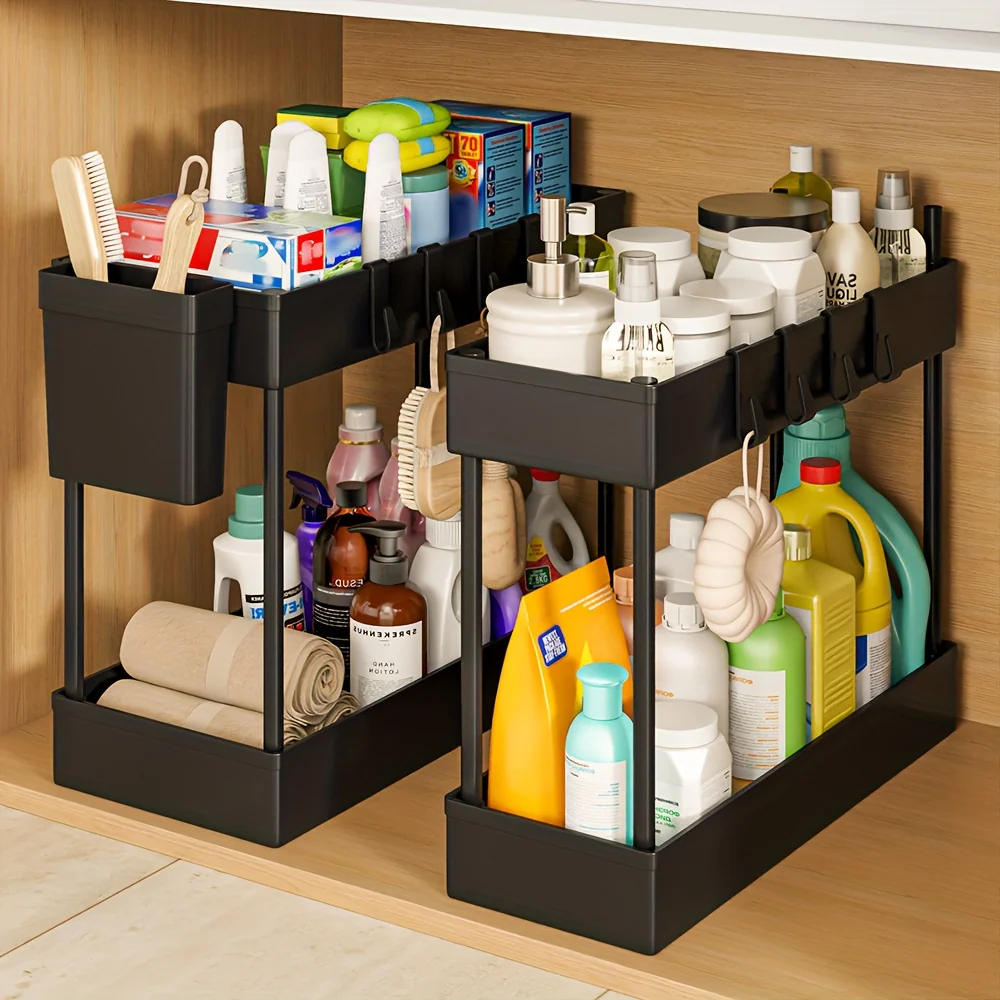 Heavy-duty under sink organizer with sliding shelves and hooks