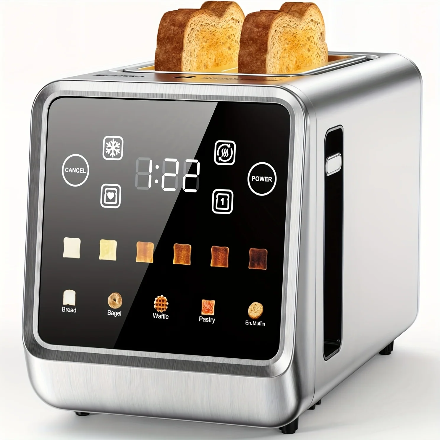 Stainless steel toaster with touch screen controls and memory function