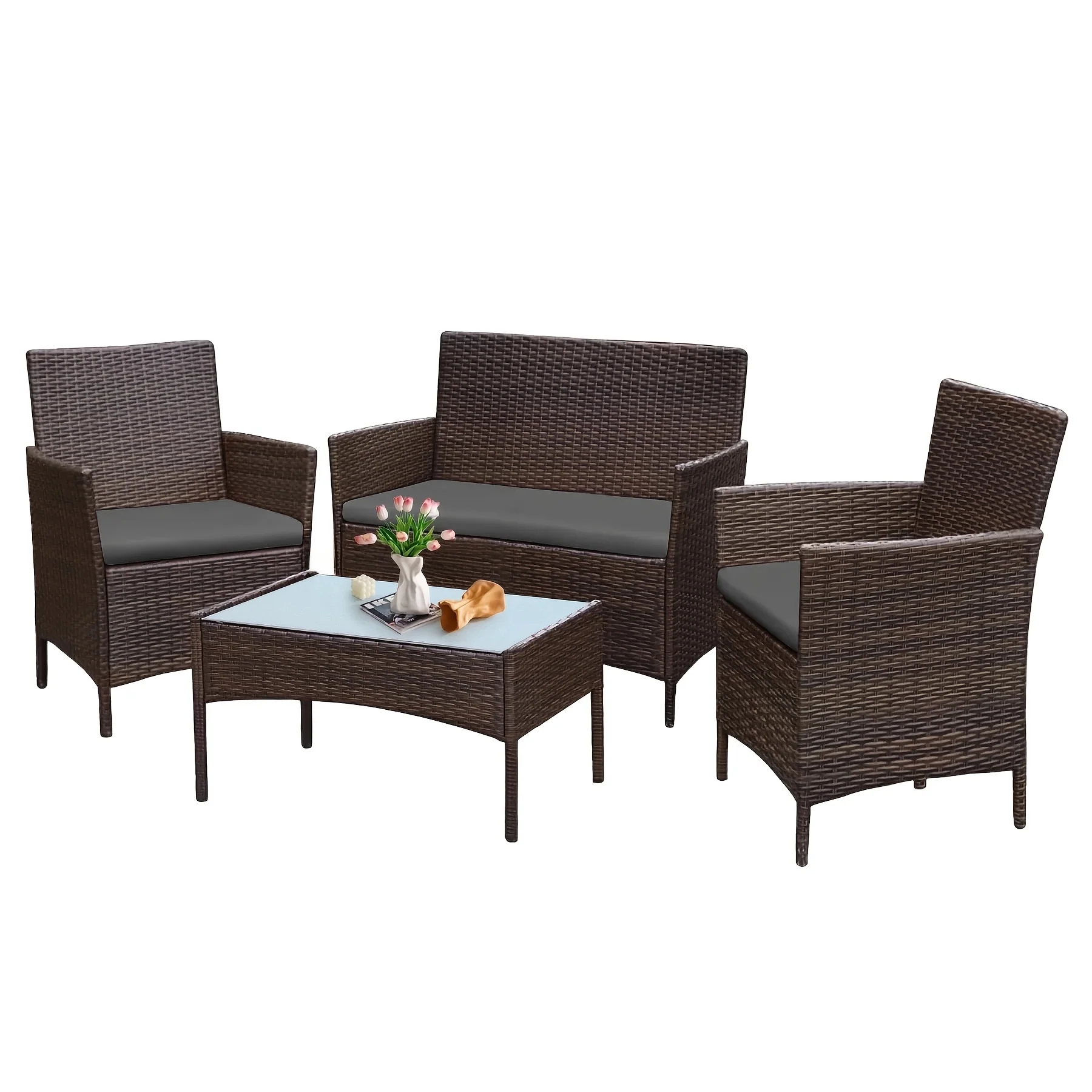 4-piece outdoor patio conversation set with PE rattan chairs, loveseat, and glass table