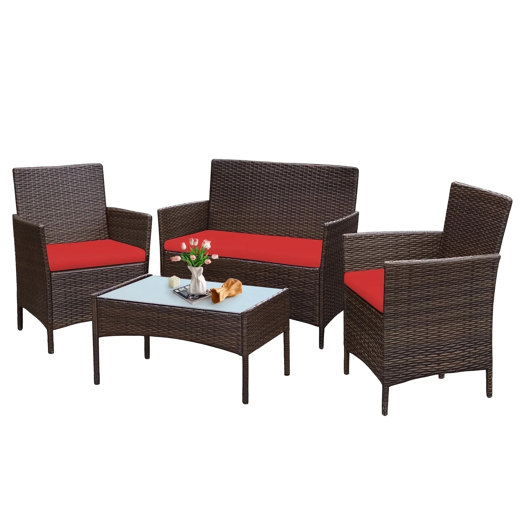 4-piece outdoor patio conversation set with PE rattan chairs, loveseat, and glass table