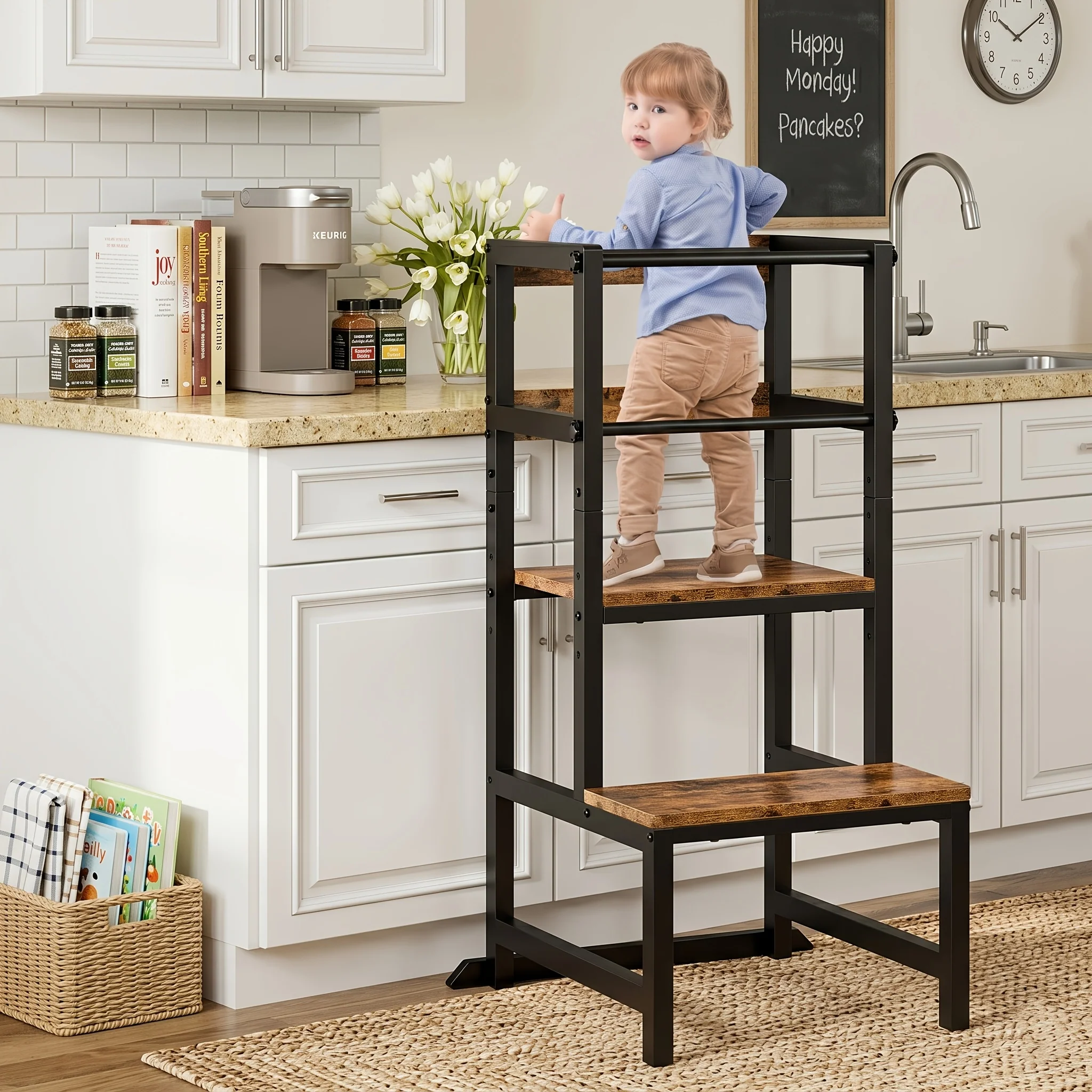 Adjustable toddler step stool with safety rail for kitchen and bathroom