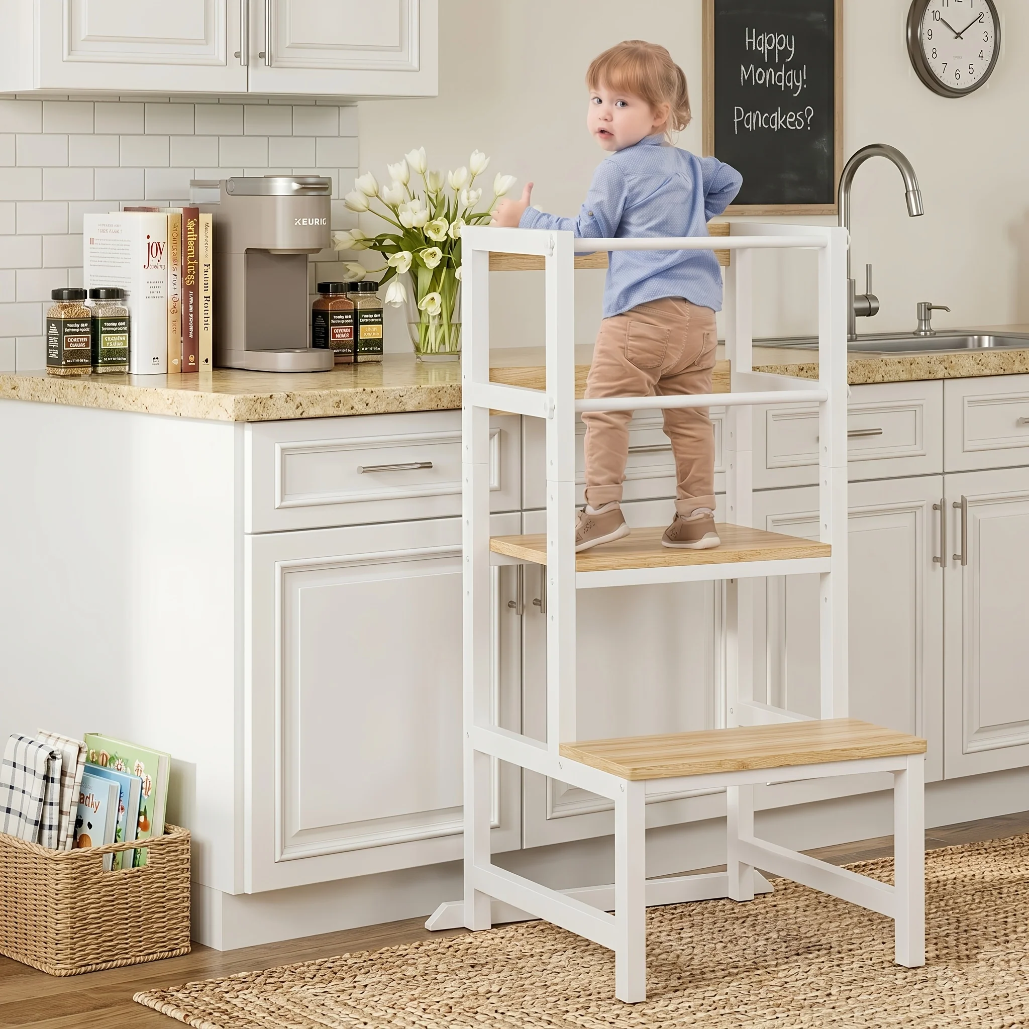 Adjustable toddler step stool with safety rail for kitchen and bathroom