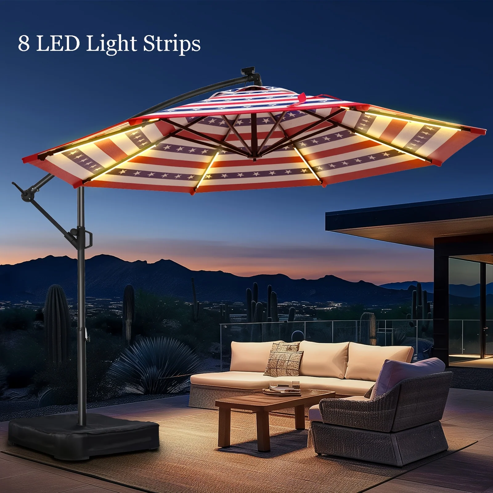 10-foot solar LED cantilever patio umbrella with UV protection