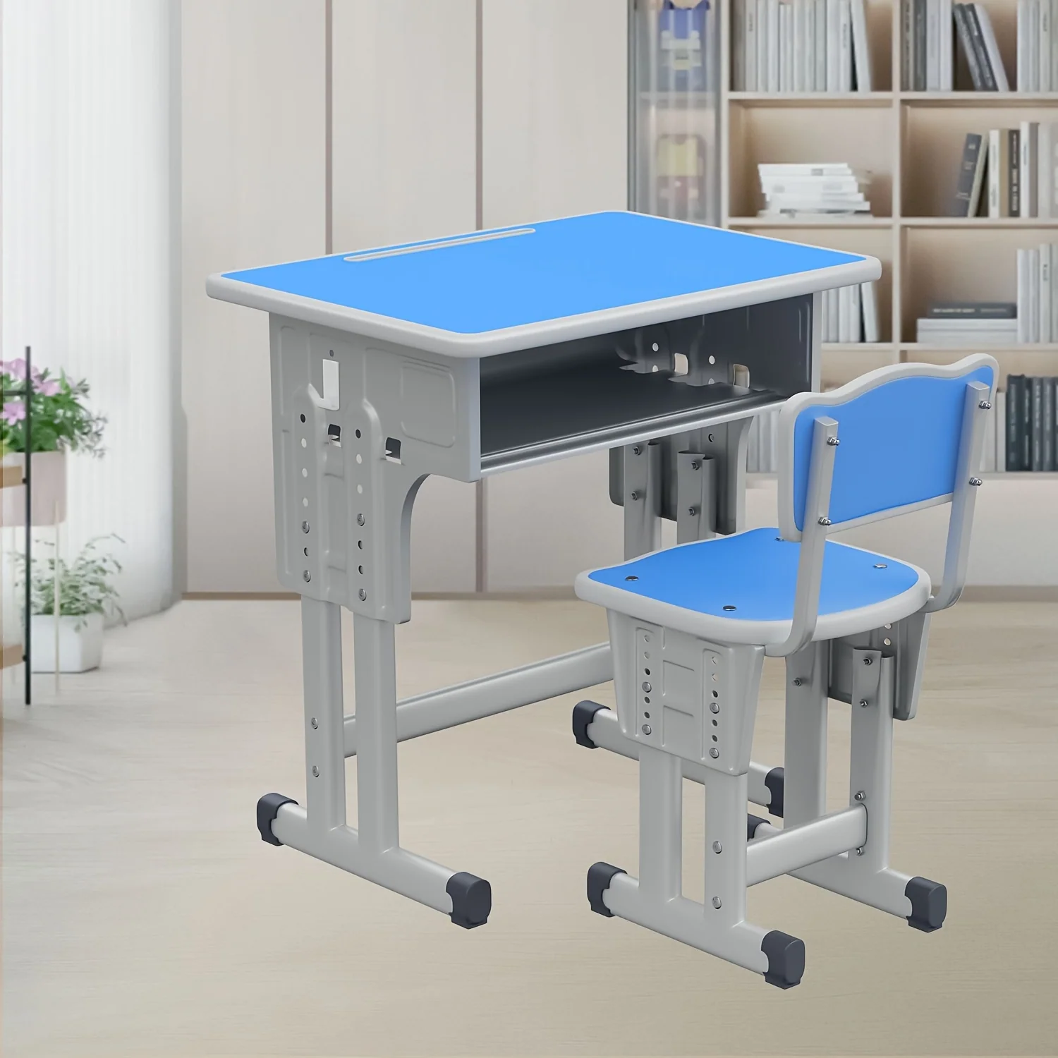 Adjustable height desk and chair set for children with storage drawer