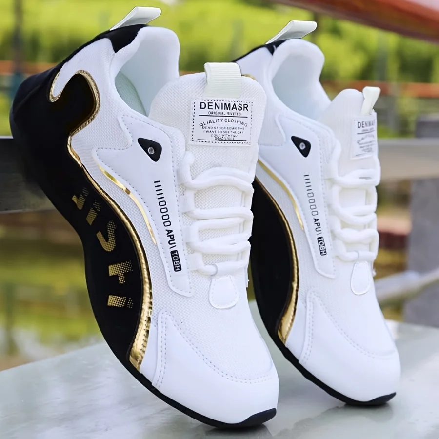 White Low-Top Sneakers with Golden Accents and Breathable Lining