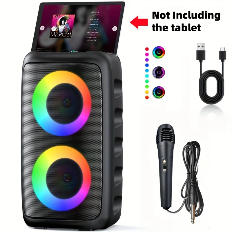 Portable karaoke machine with wireless and wired microphones and LED lights