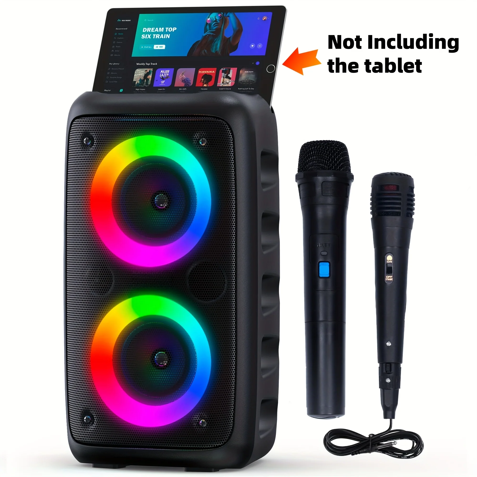 Portable karaoke machine with wireless and wired microphones and LED lights