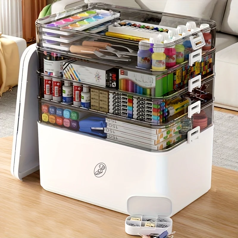Clear multi-layer storage box with organizer compartments