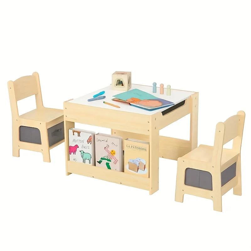3-in-1 Wooden Kids Table and Chair Set with Toy Storage
