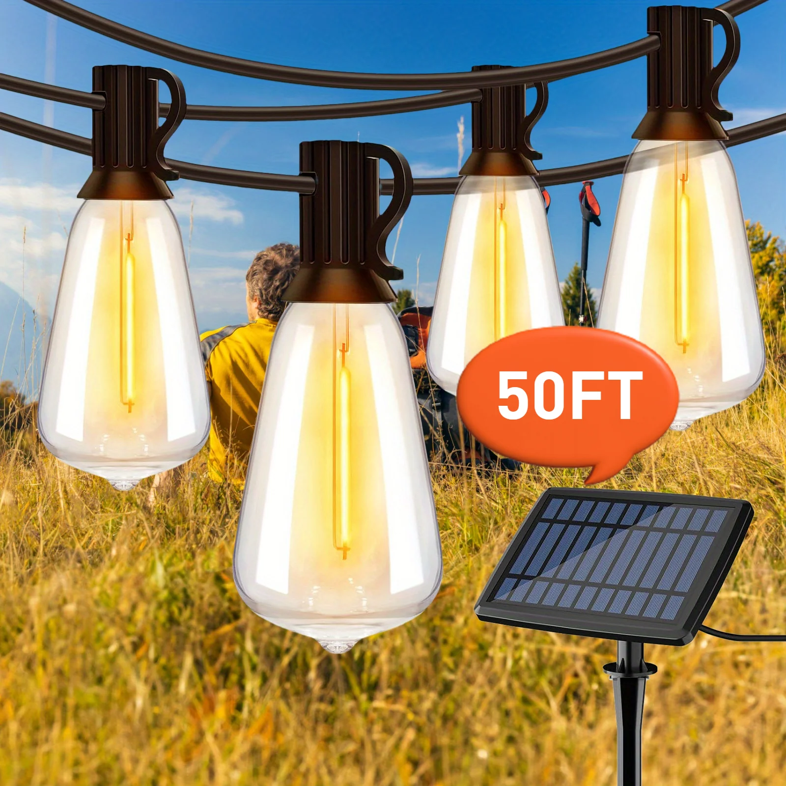 Solar-Powered 100ft LED String Lights with Dimmable Globe Bulbs