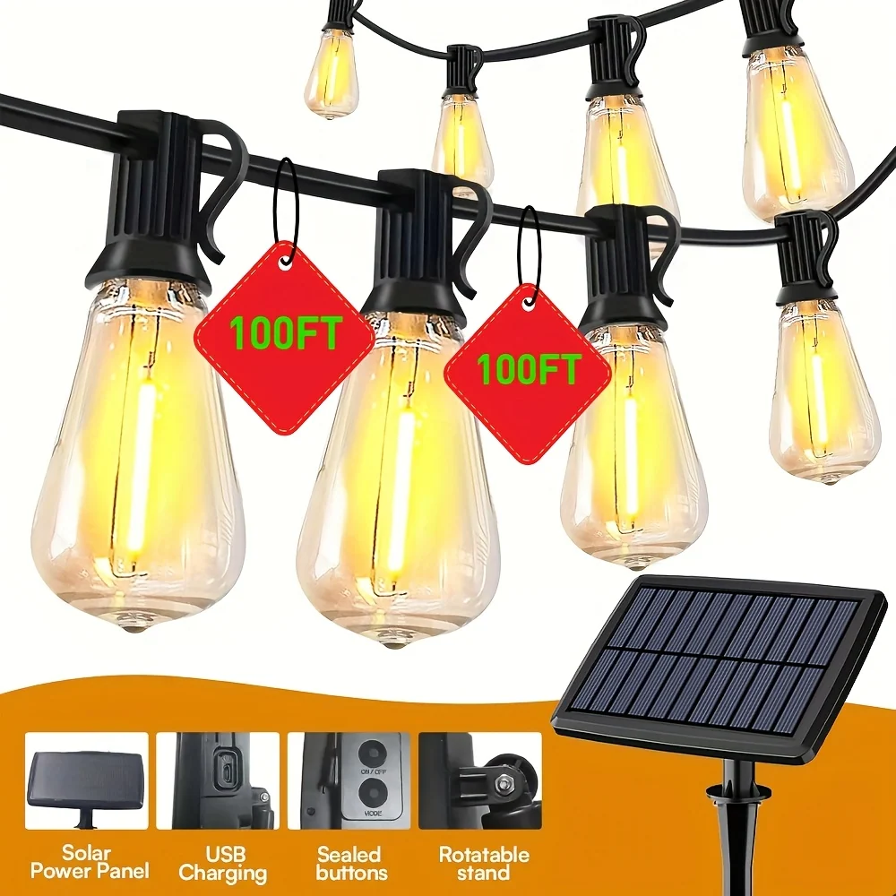Solar-Powered 100ft LED String Lights with Dimmable Globe Bulbs