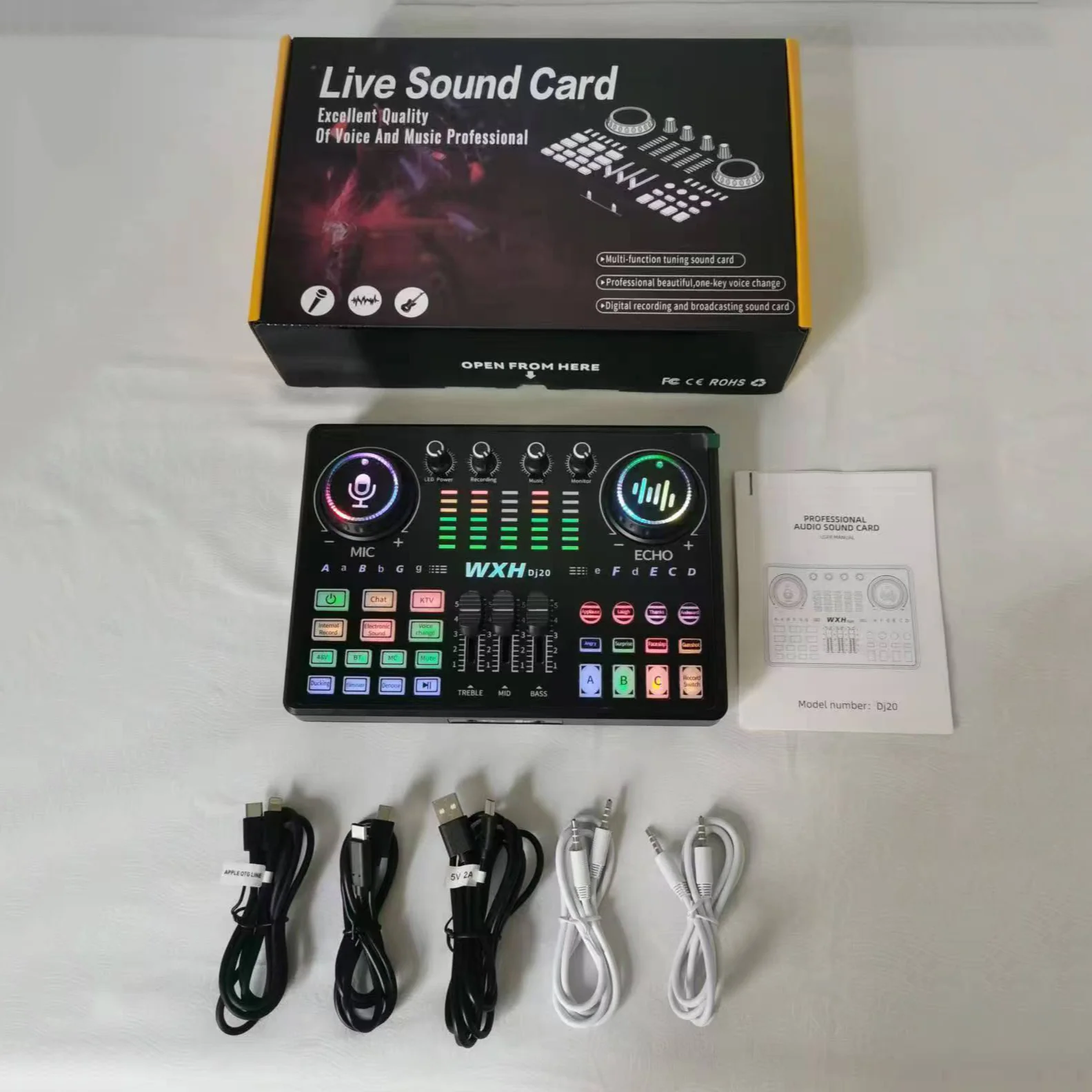 DJ20 Live Streaming Sound Card with Computer & Phone Charging and Recording Effects