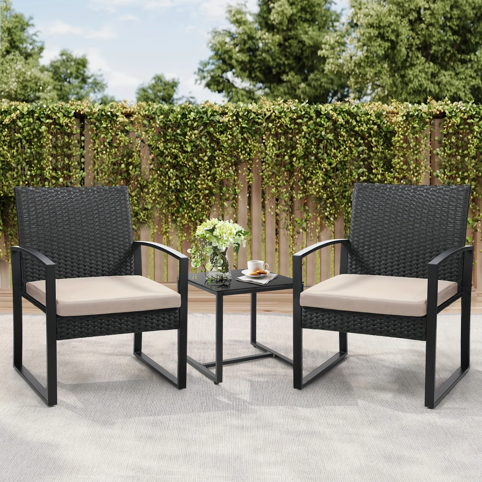 3-Piece outdoor bistro set with safety glass table and cushioned chairs