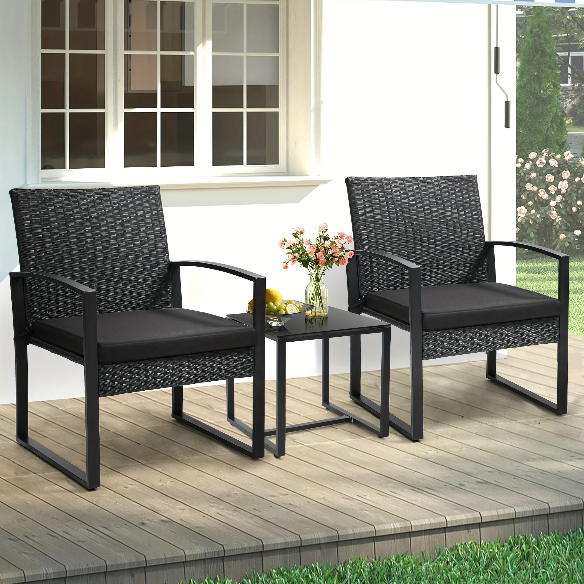 3-Piece outdoor bistro set with safety glass table and cushioned chairs