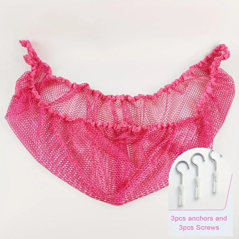 Wall-mounted stuffed animal hammock organizer in white, pink and black