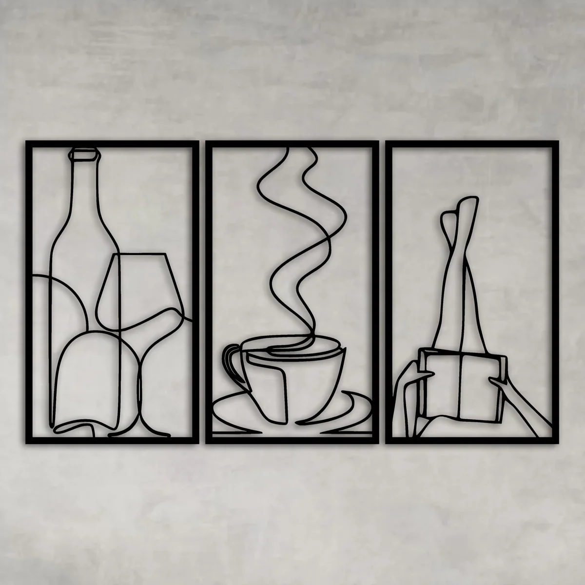 Modern metal wall art set with coffee, wine, and plant motifs