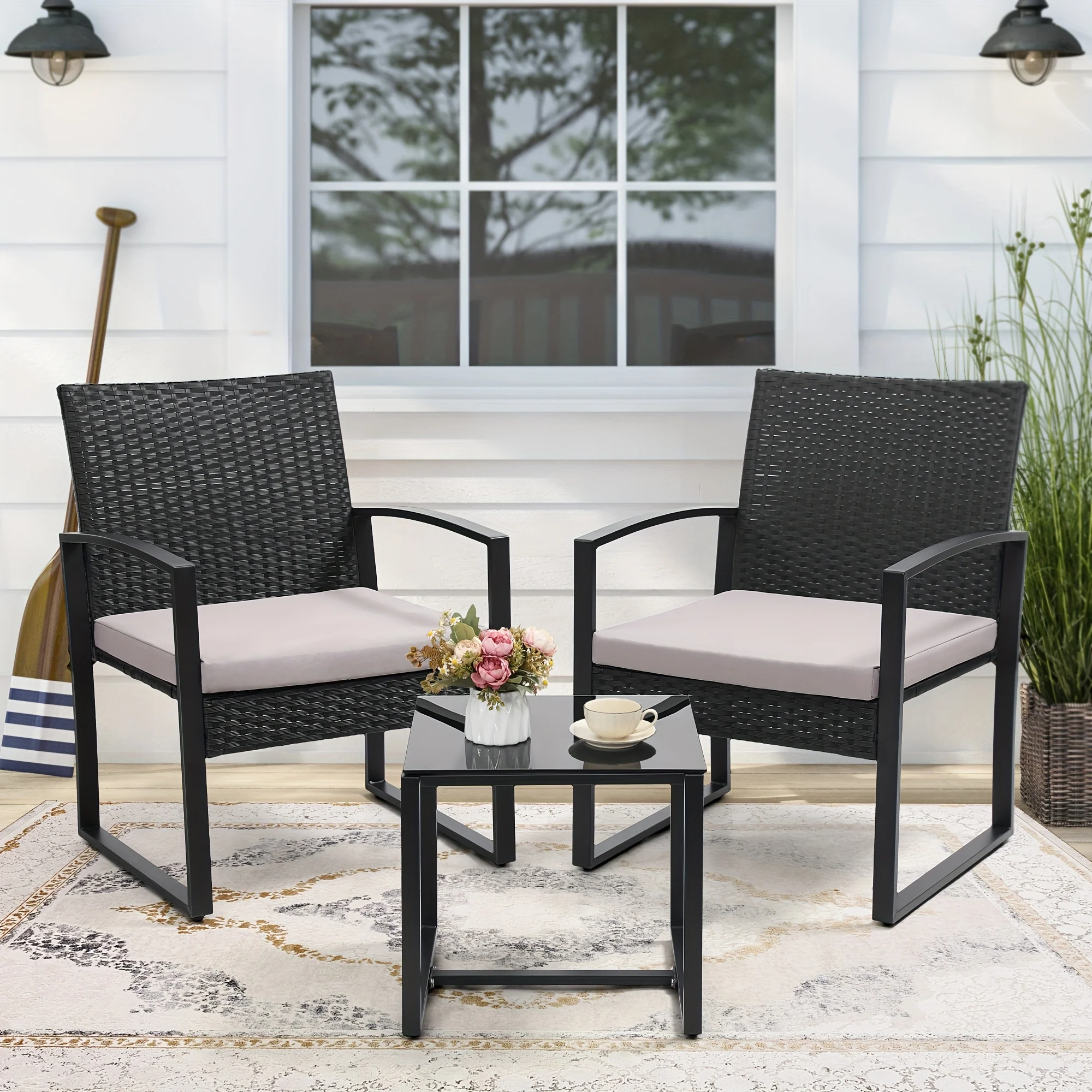 3-piece rattan bistro set with tempered glass table and thick cushions for patio garden
