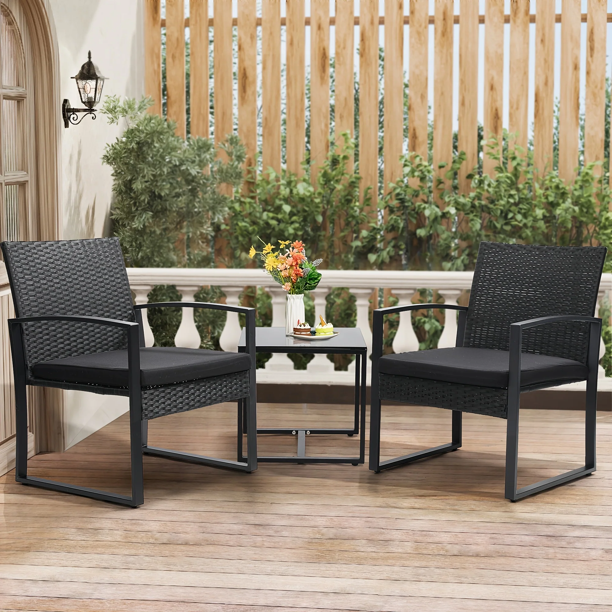 3-piece rattan bistro set with tempered glass table and thick cushions for patio garden