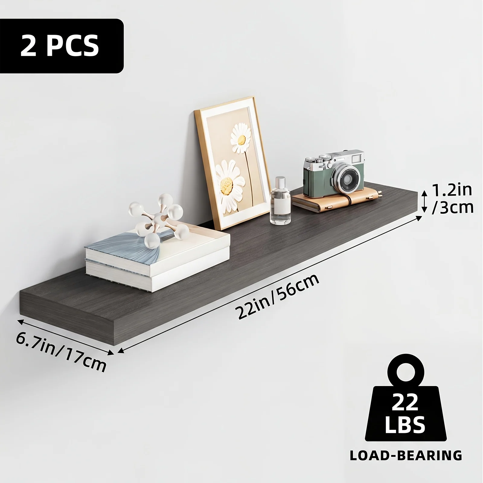 Set of wooden floating shelves for wall-mounted storage