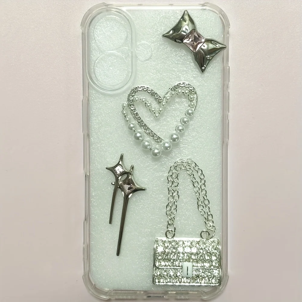 Pink Rhinestone Heart Bow Tie Charm Set with 4 Pieces