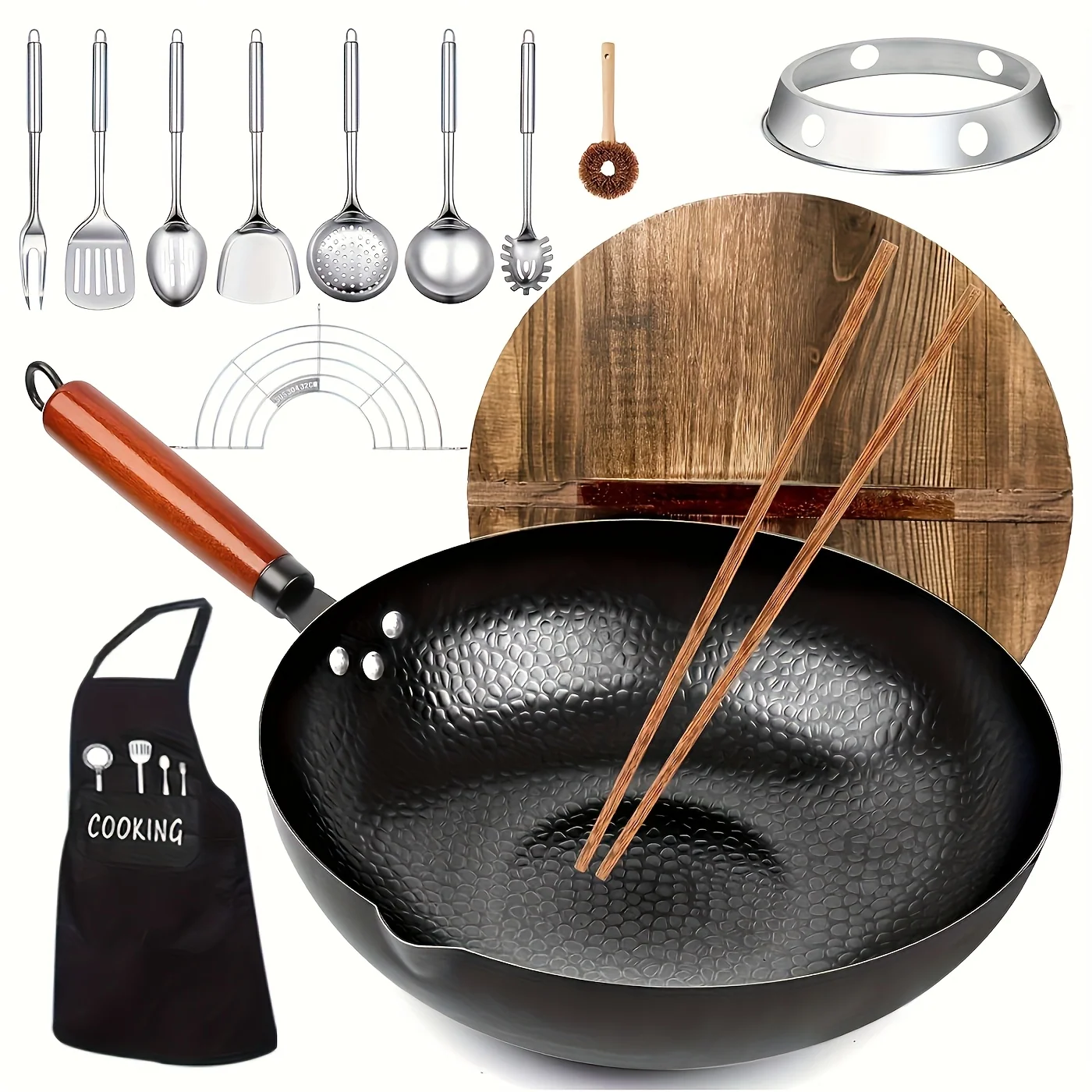 Cast Iron Wok Set with Lid and 13 Cooking Accessories