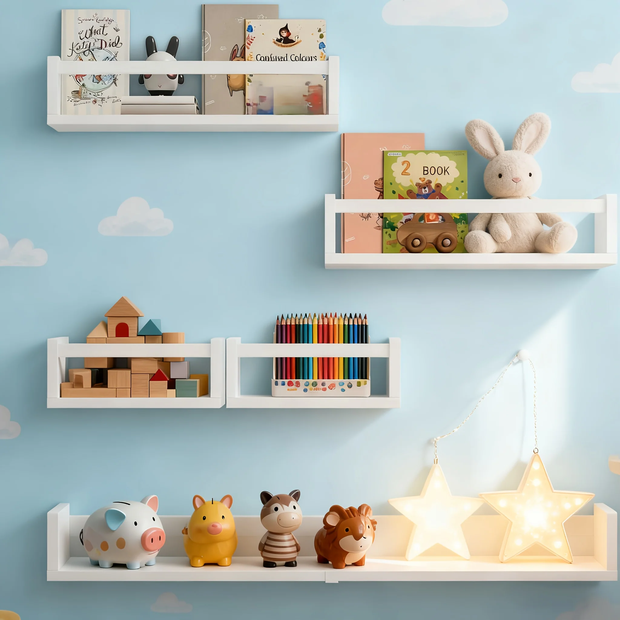 White floating wall shelves set for nursery and kids room storage