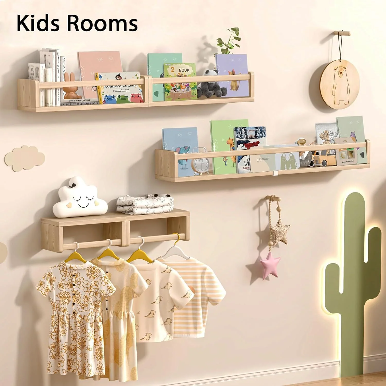 White floating wall shelves set for nursery and kids room storage
