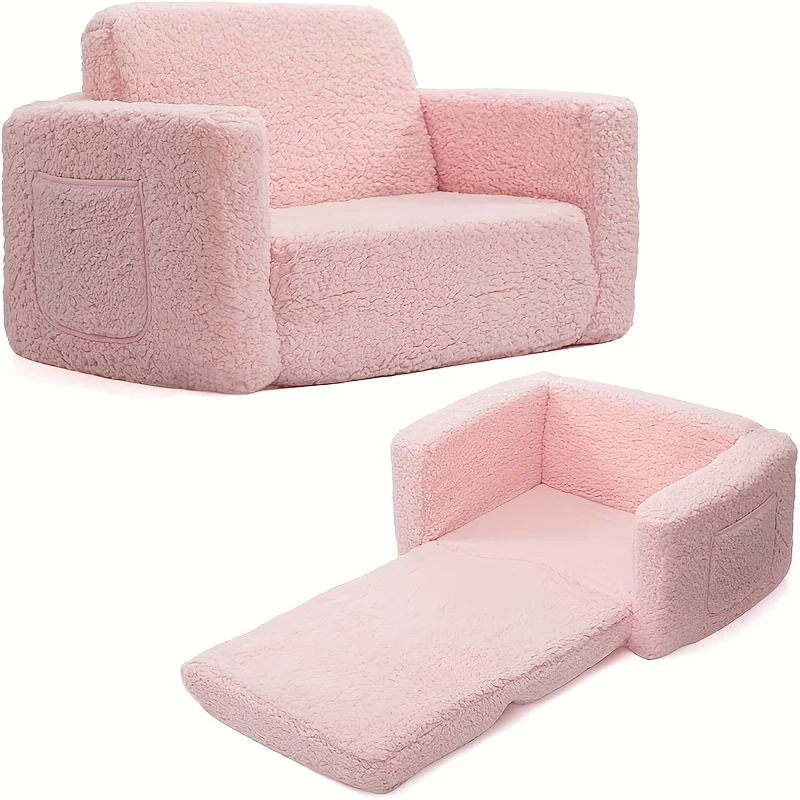 Kids' 2-in-1 sherpa sofa that reclines into a bed with storage pockets