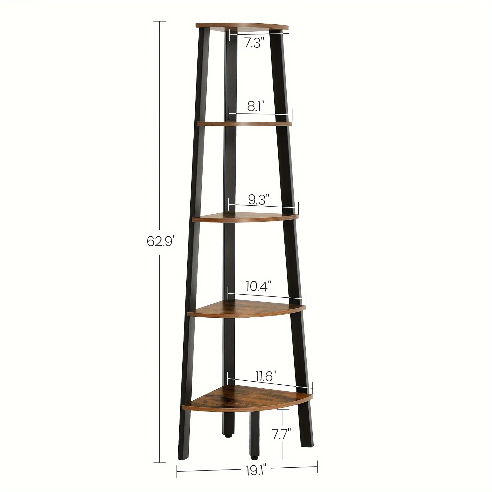 Tall 5-tier corner shelf with wood and black metal frame