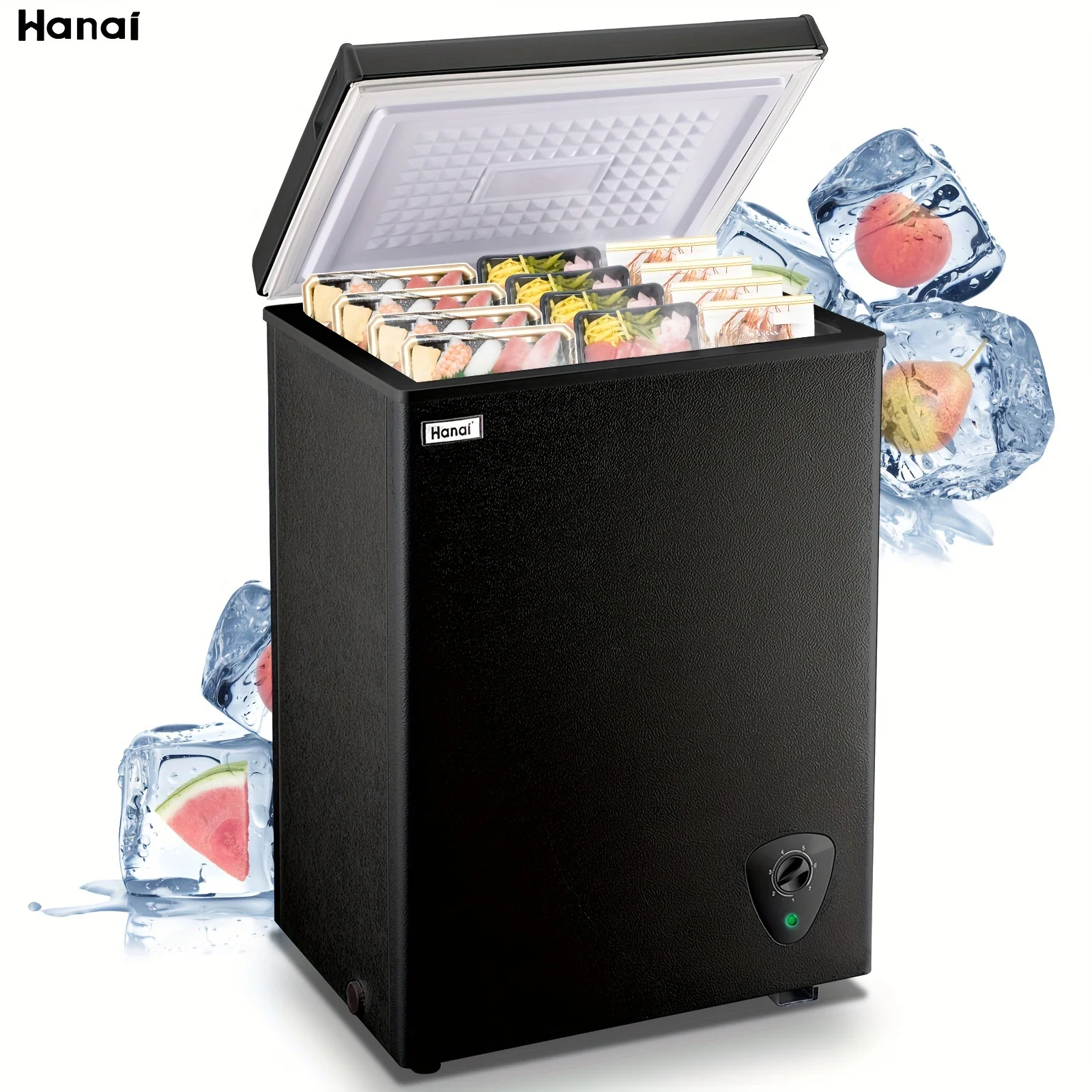 Compact Chest Freezer – Small Black Deep Freezer with Top Door, 7‑Setting Thermostat and Removable Basket