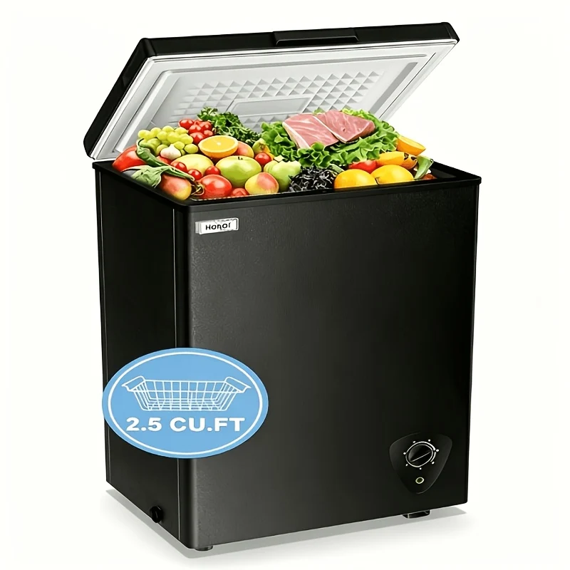 Compact Chest Freezer – Small Black Deep Freezer with Top Door, 7‑Setting Thermostat and Removable Basket