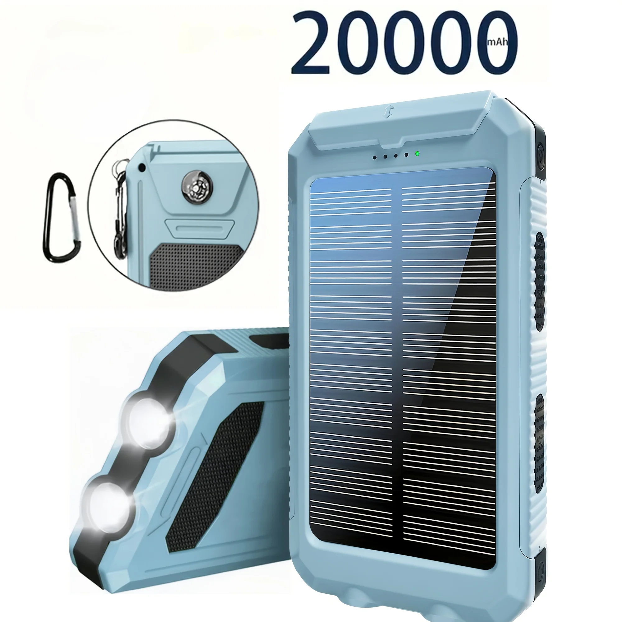 Solar-powered portable phone charger with dual USB ports and LED flashlights