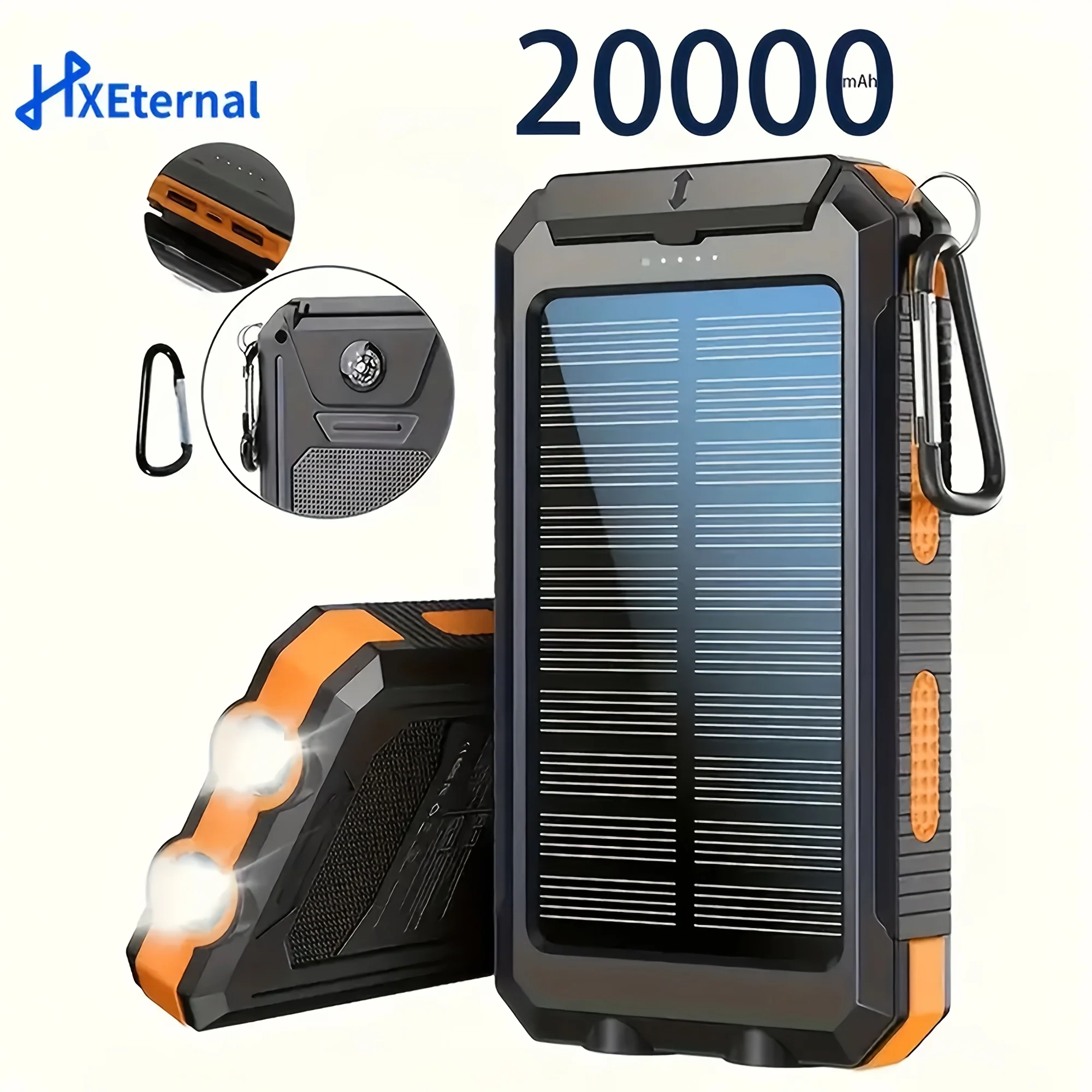 Solar-powered portable phone charger with dual USB ports and LED flashlights