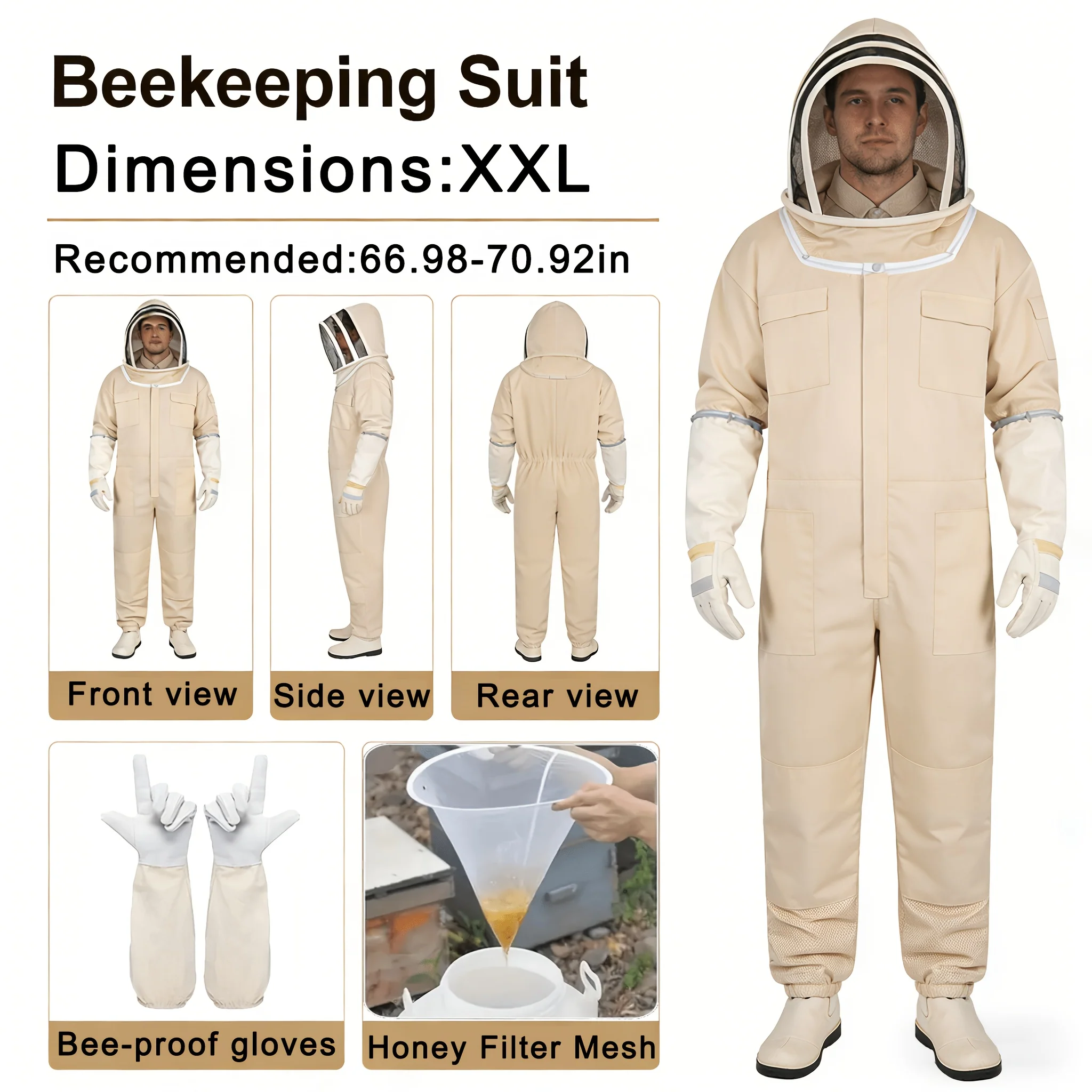 Full-body professional beekeeping suit with veil hood and gloves