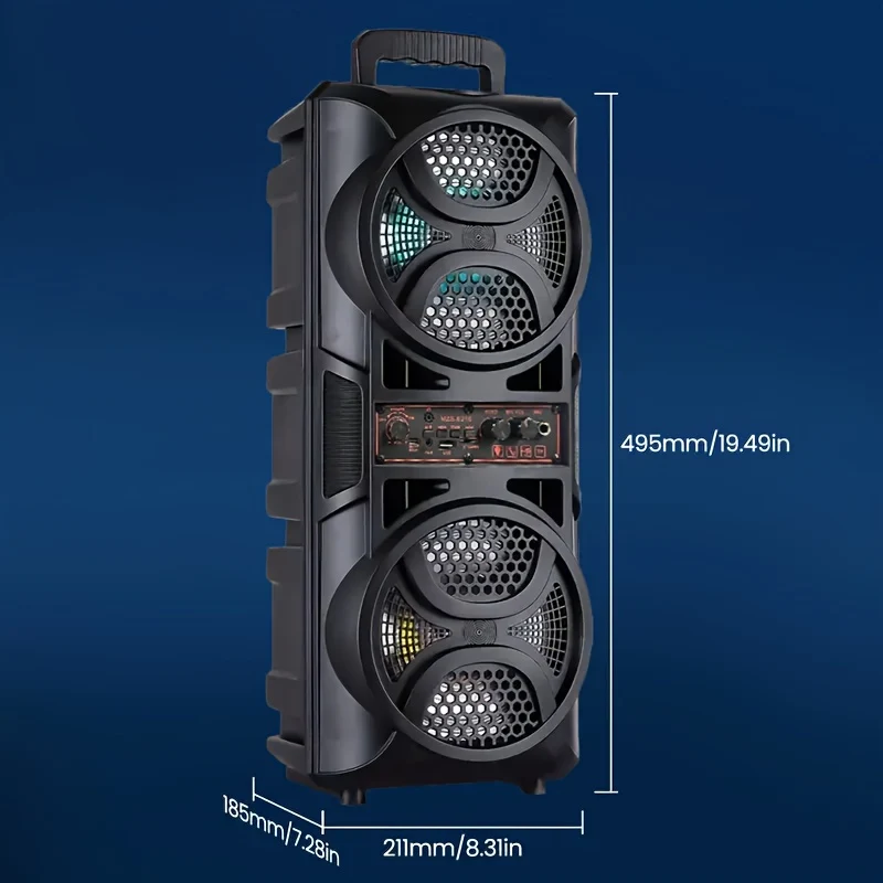 Portable PA speaker with dual 6.5-inch subwoofers and rechargeable battery
