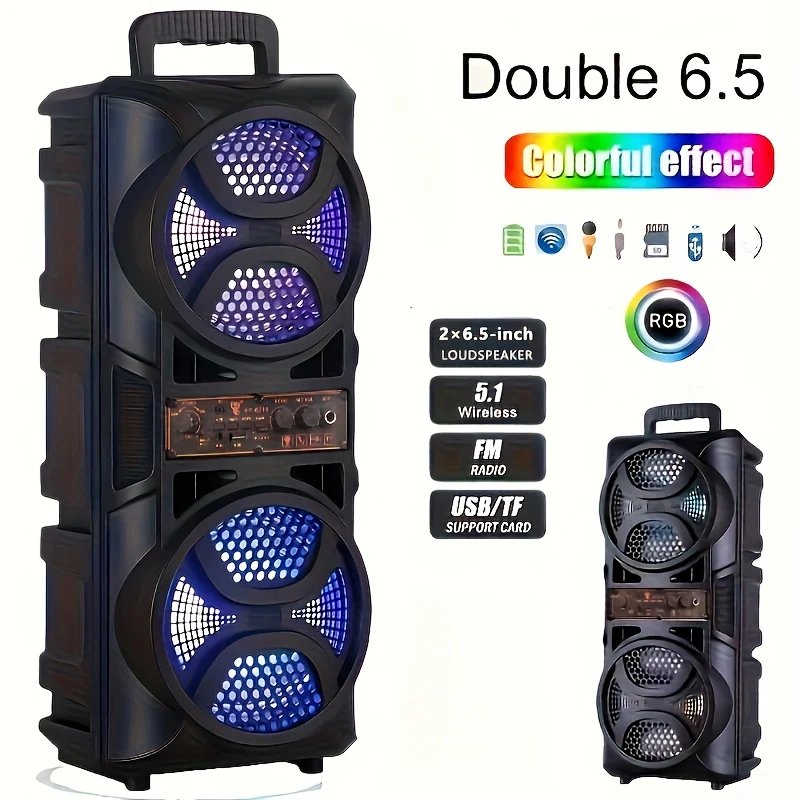 Portable PA speaker with dual 6.5-inch subwoofers and rechargeable battery