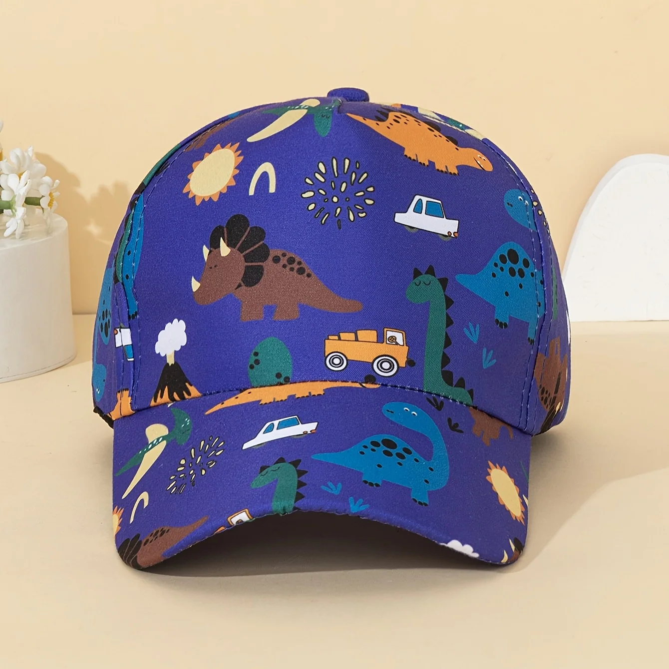 Adjustable kids baseball cap with blue dinosaur print