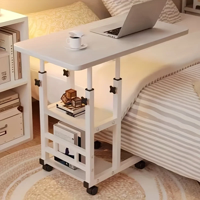 Height-adjustable mobile laptop table with 4 wheels and dual shelves