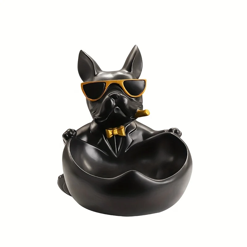Black French Bulldog Desk Decor with Glasses and Key Tray