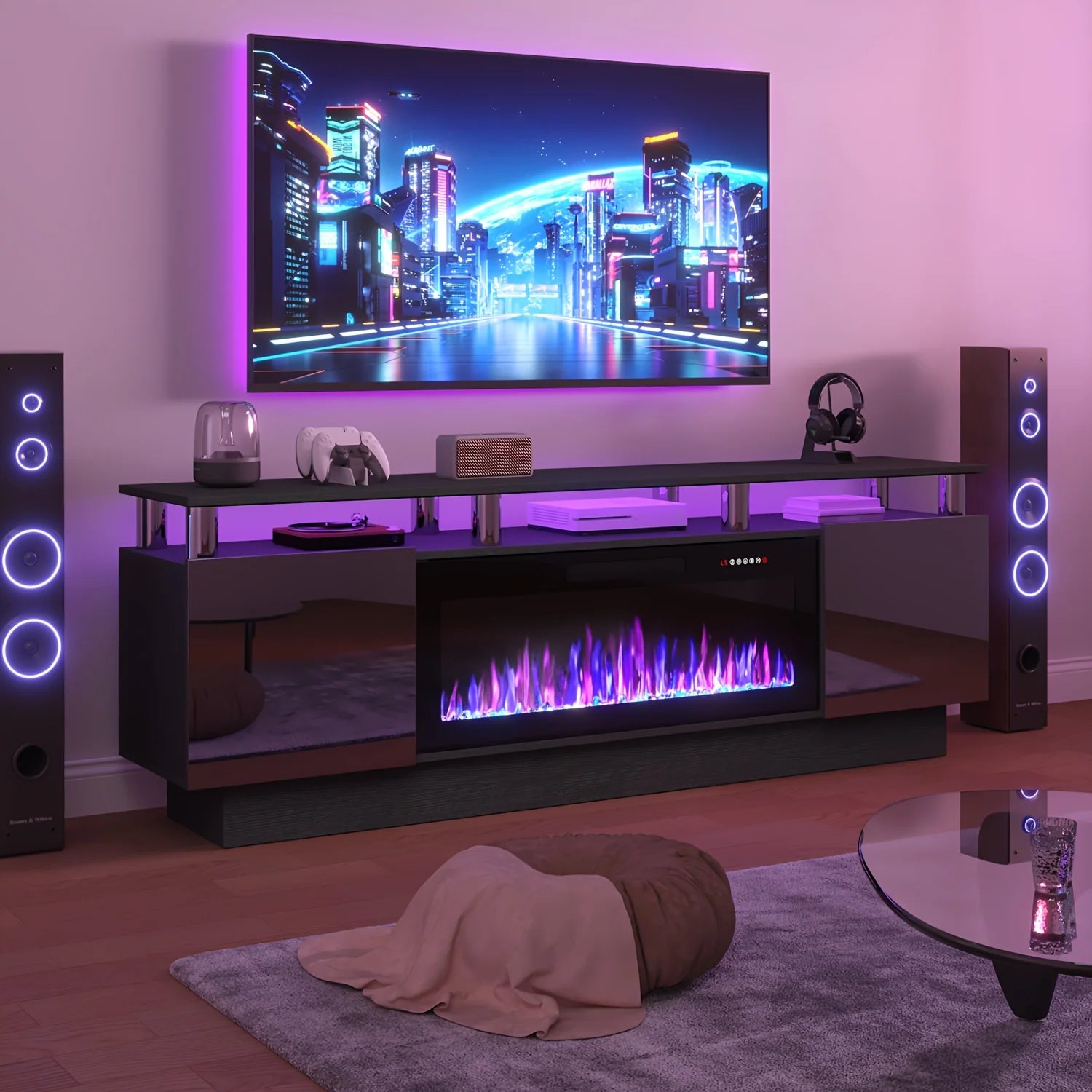 36‑Inch Electric Fireplace TV Stand – 2‑Tier Modern Wood Media Console with 70‑Inch LED Light