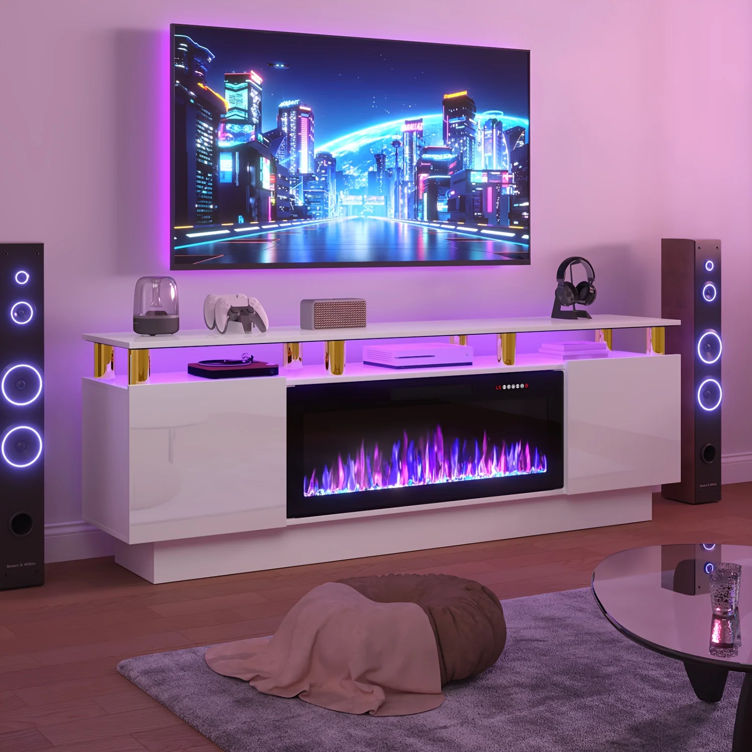 36‑Inch Electric Fireplace TV Stand – 2‑Tier Modern Wood Media Console with 70‑Inch LED Light